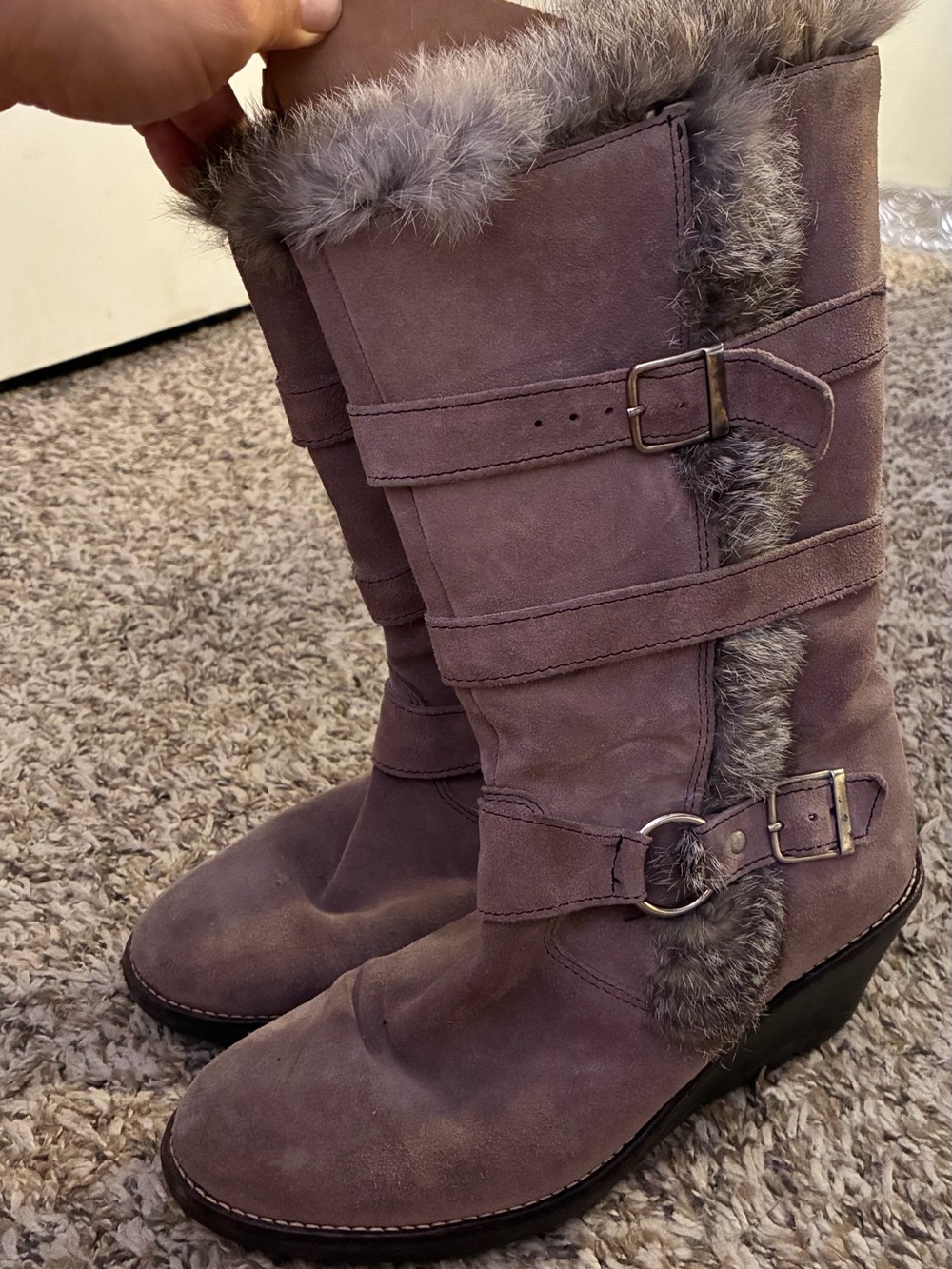 Women's Taupe Rabbit Fur Suede Mid-Calf Boots